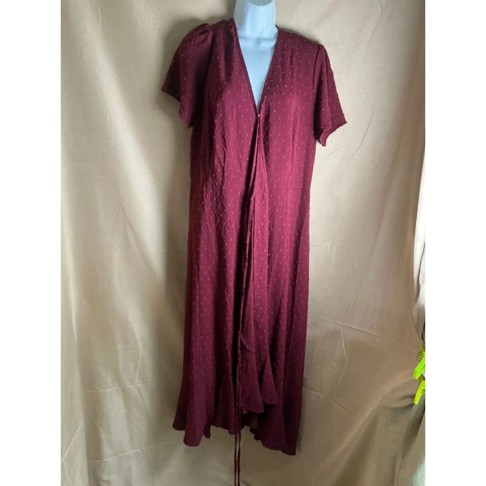 PrettyGarden Swiss Dot Maxi Dress Women Large Burgundy NWT Ruffle V-Neck Short